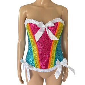 Rainbow Sequin Corset Top Strapless Ruffle Lace Up Festival Costume Halloween M